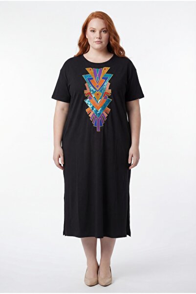 Ebsumu Women's Plus Size Colorful Embroidered Black Dress