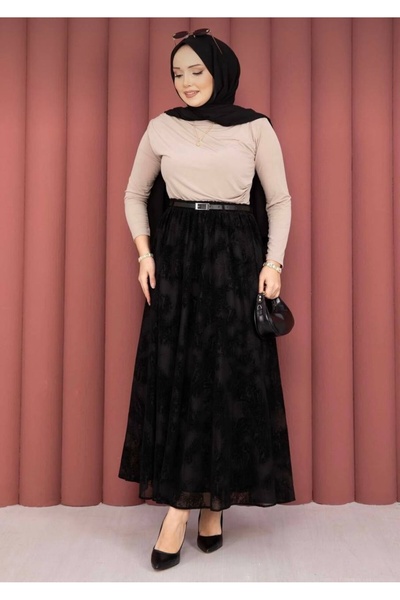 KEVRA Patterned Tulle Skirt with Belt Detail - Black