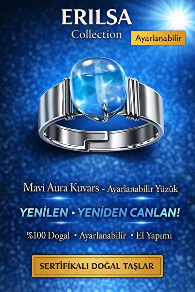 Erilsa Certified Blue Aura Quartz Ring Natural Gemstone Adjustable Handmade E...