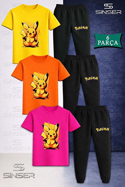 SS SİNSER Set de trening unisex pentru copii PIKHACU SARI TUVAL, 3 piese, tri...