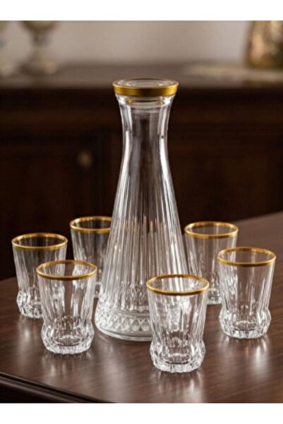 ASSA BAZAAR Zemzem İkram Seti Gold Detaylı Cam Sürahi ve 6’lı Bardak Takımı 7...