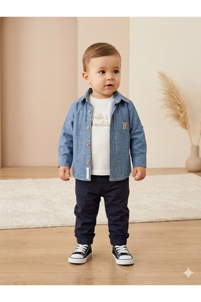 Bombili طقم قميص جينز للأطفال الأولاد، بنطلون ليزيتاك، تي شيرت، 3 قطع