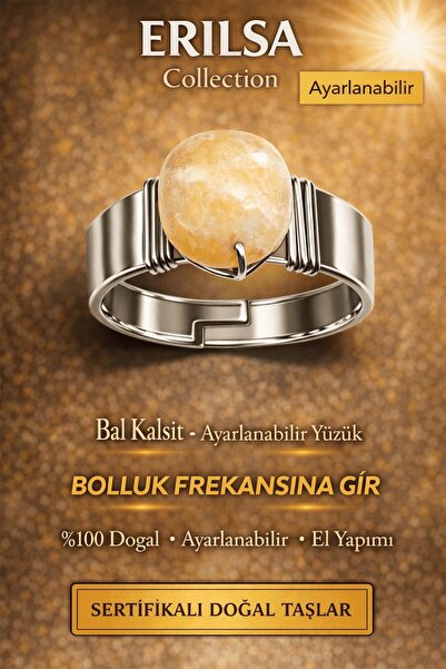 Erilsa Certified Raw Honey Calcite Stone Ring Natural Stone Adjustable Handma...