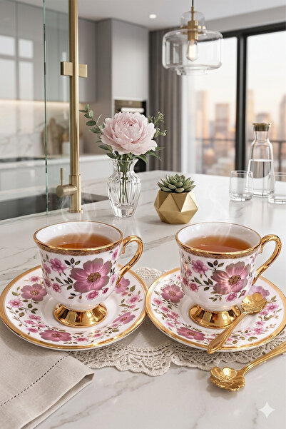 Ela&Elis Gold Gilded Footed Turkish Coffee Cup 90 Cc-2 Person (3 Colors)