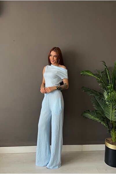 REMUX KADIN WAFFLE ÖRME TEK OMUZLU VİNTAGE PALAZZO PANTALON VE BLUZ TAKIM