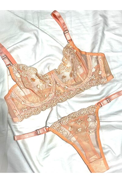 mendoza store Salmon Color Tulip Floral Bralet Brode Bra Set