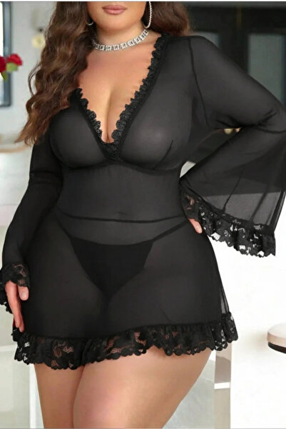 SİA LESS Plus Size Long Sleeve Mini V-Neck Transparent Stylish Nightgown