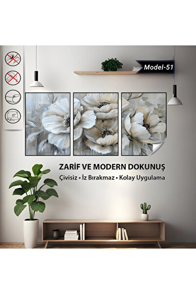 Tutunabilir Kağıt Statik Tutunma Özellikli 3’lü Çiçek Tablo Seti – Modern Dek...
