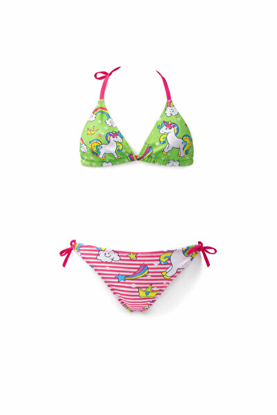 Paldeo Kız Çocuk Neon Pembe Yeşil Unicorn Temalı Bikini Takım PLD25S-3005