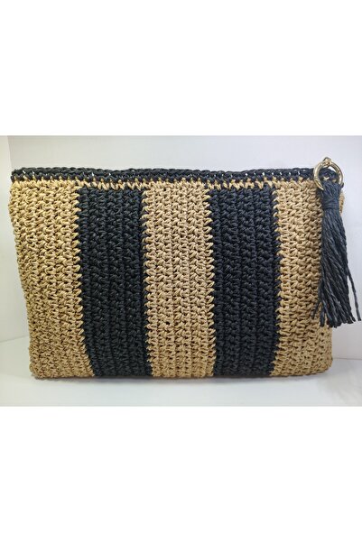 Kadın Siyah ve Naturel Şeritli El Örgüsü Kağıt İp Portföy - Püsküllü Modern Clutch
