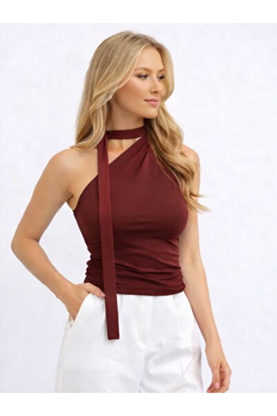 LOVES AGAZA One-Shoulder Stretchy Ruched Belted Blouse