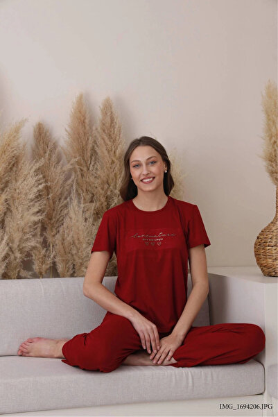 Pijamoni Women's Dublin Fabric Crew Neck Short Sleeve Burgundy Pajama Set