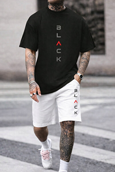 MARKATEM Men's Black Oversize T-Shirt Shorts Set Black Printed Streetwear Sum...