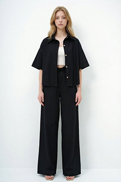 bacc Black Linen Shirt and Palazzo Pants Set