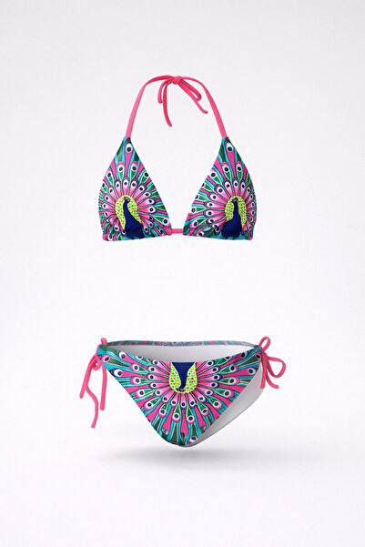 Paldeo Kız Çocuk Mavi Tavus Kuşu Desenli 6-14 Yaş Üçgen Bikini Takım PLD24S-3003