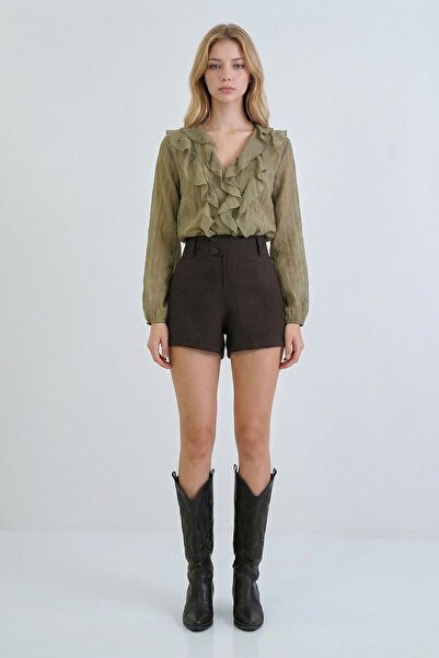 bacc Acı Kahve Wide Belted Woven Mini Shorts