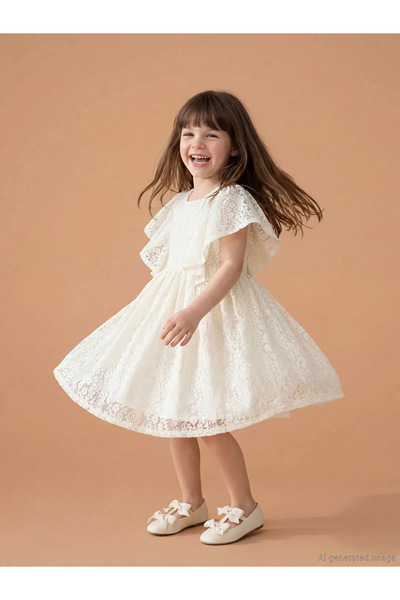 LC Waikiki LCW Kids Ekru Bisiklet Yaka Kız Çocuk Dantel Elbise