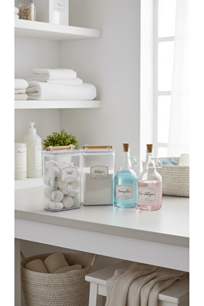 DükkanDa 4'Lü Ahşap Kulplu Kapaklı Deterjan&Tablet Kavanozu 2000ML-Yumuşatıcı...