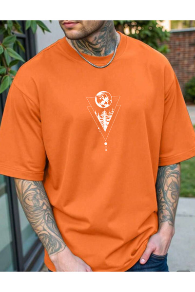 SUNFREE تيشيرت رجالي أساسي بأكمام قصيرة وياقة دائرية مطبوع عليه شجرة هندسية