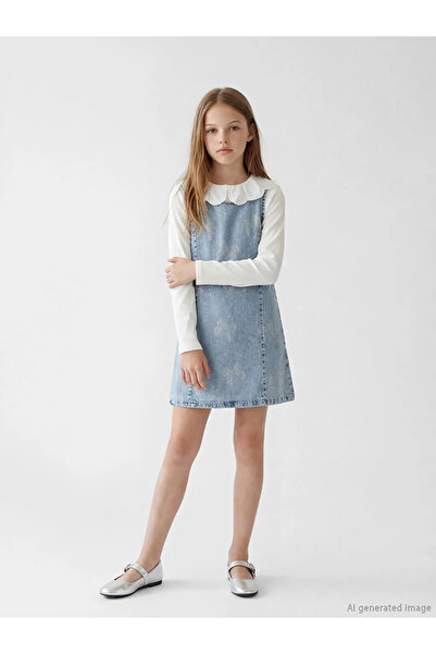 LC Waikiki LCW Παιδικό Τζιν Φόρεμα για Κορίτσια με Μπλε Φιόγκο και Πέτρες