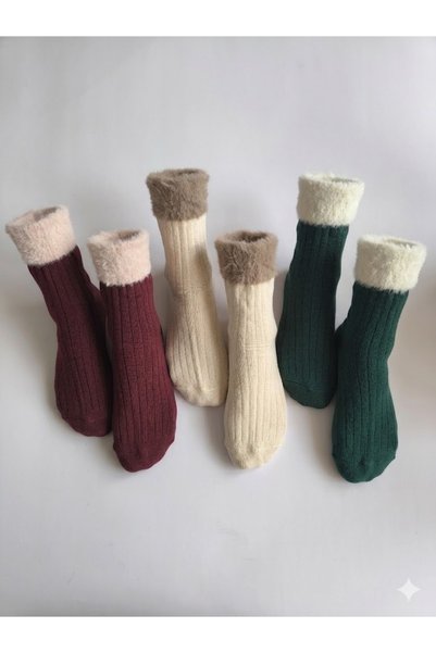 Şimo Butik Women's Plush Ribbed Cotton Socks Set of 6 in Three Colors Burgundy Green Beige