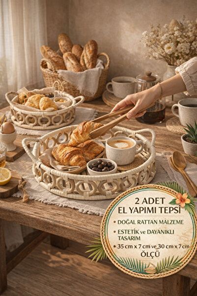 Open Home Concept Set of 2 Natural Rattan Trays 30-35 cm Handmade Presentatio...