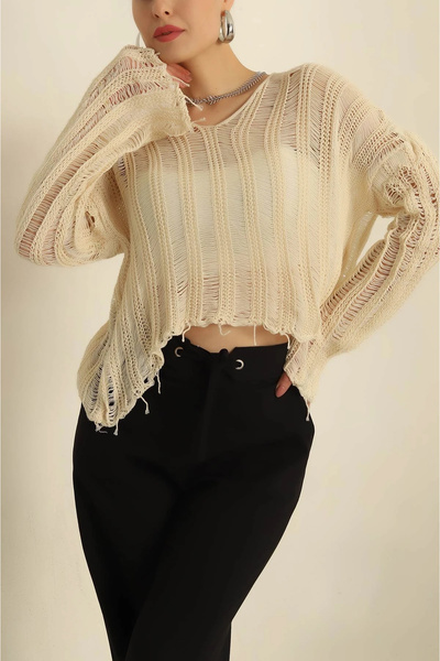 MetuCA Women's Beige Openwork Cotton Tasseled Loose Knitted Knitwear Blouse