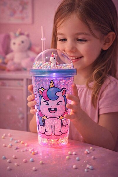 BiTon Toptan Unicorn Temalı Led Işıklı Suluk Buzlu Cam Görünümlü 450 ML Çift ...