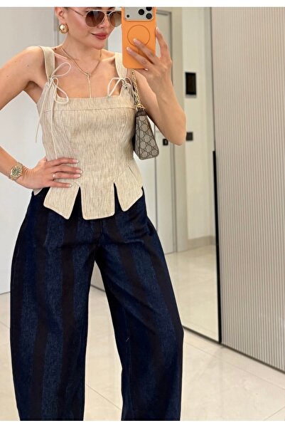 Butik Sarah Bej Keten Korse Bluz