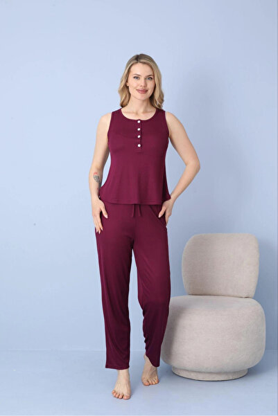 Pijamoni Kadın Dublin Kumaş İp Askılı Düğmeli Yaka Mürdüm Pijama Takımı