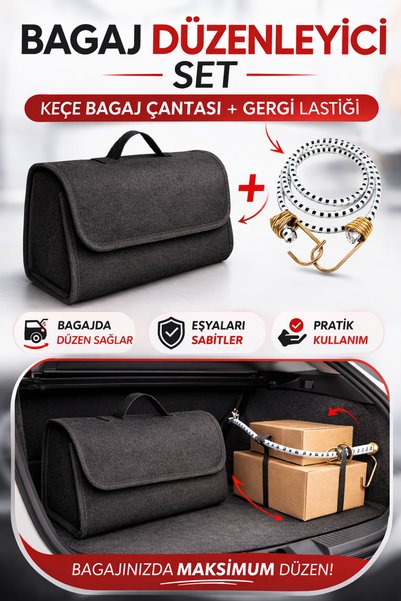 Ankanorm Keçe Bagaj Düzenleyici Çanta + Bagaj Gergi Lastiği Seti | Araç Bagaj...