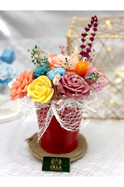 OLLA CANDLE AND DECOR Kişiye Özel Kokulu Mum Buketi Kırmızı Kutu Hediyelik De...