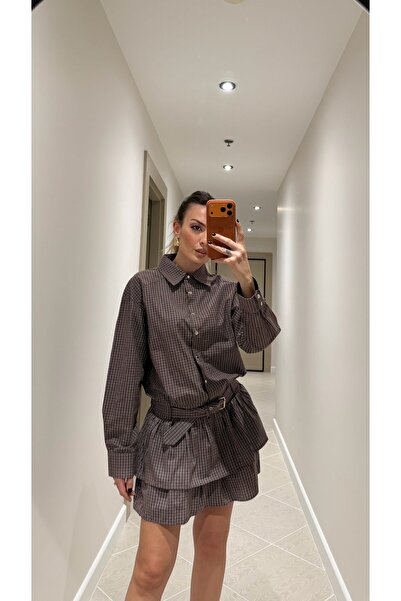 Duya Butik KAHVERENGİ-BORDO ÇOK RENKLİ GÖMLEK YAKA ELBİSE