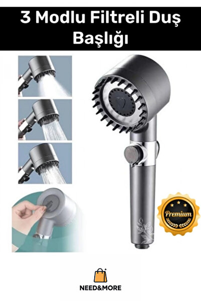 NEED&MORE #Premium 3 Modlu Filtreli Duş Başlığı – Su Akış Durdurmalı, Kolay K...