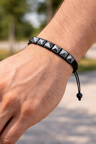 magıcgrange Hematite Men's Natural Stone Knitted Design Pyramid of Balance, R...