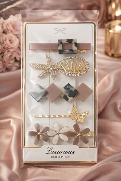 Accessories Set de 5 agrafe de păr de lux cu tematică marină Hei Bej și Aurie