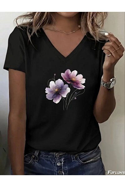 FUFLUNS TRICOU DE DAMĂ CU GULER ÎN V OVERSIZE CU IMPRIMEU FLORE COLORATE
