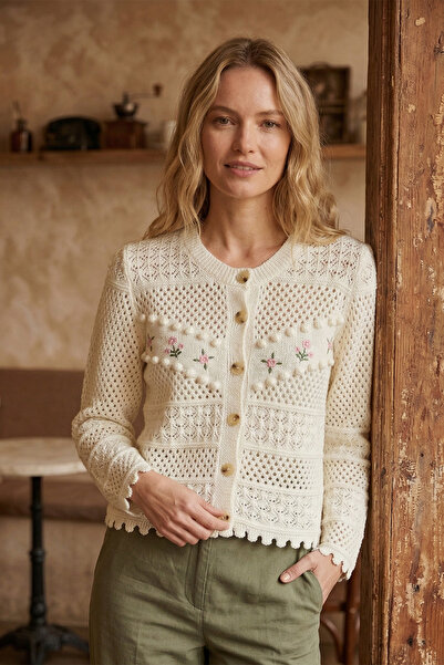 FERHEL Women's Buttoned Knitwear Midi Cardigan with Floral Embroidery on the ...