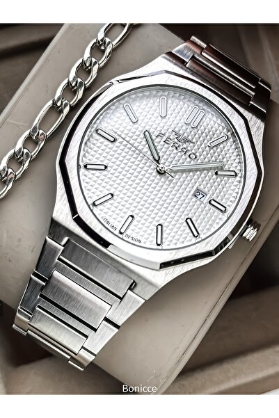 FERRO Men's Wristwatch, Silver Color Steel Band, White Dial with Calendar, St...
