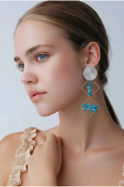 LUMİAAURA Turquoise Stone Geometric Steel Earrings