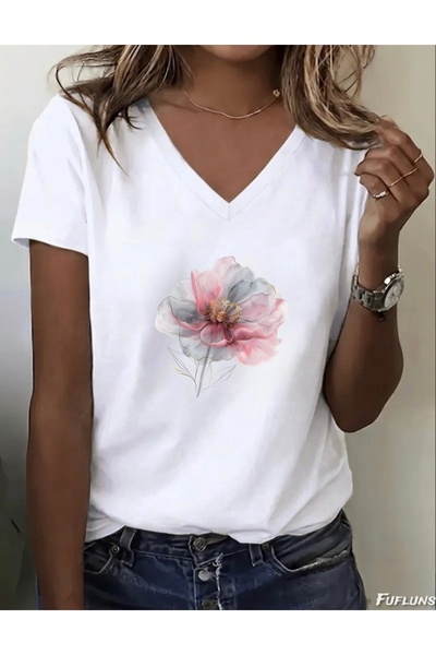 FUFLUNS ΓΥΝΑΙΚΕΙΟ T-SHIRT ΜΕ ΣΤΑΜΠΑ ΛΟΥΛΟΥΔΙΩΝ ΚΑΙ ΧΡΩΜΑΤΑ, ΥΠΕΡΜΕΓΕΘΕΣ, ΜΕ Λ...