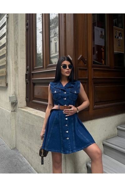 GM Butikk Kadın mavi Denim Elbise