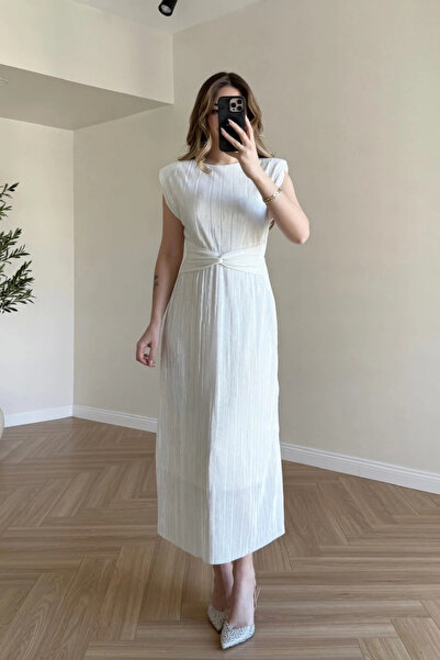 MOZENA Pleated Waist Detailed Midi Dress