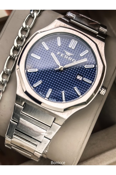 FERRO Men's Wristwatch, Silver Color Steel Band, Navy Blue Dial with Calendar...