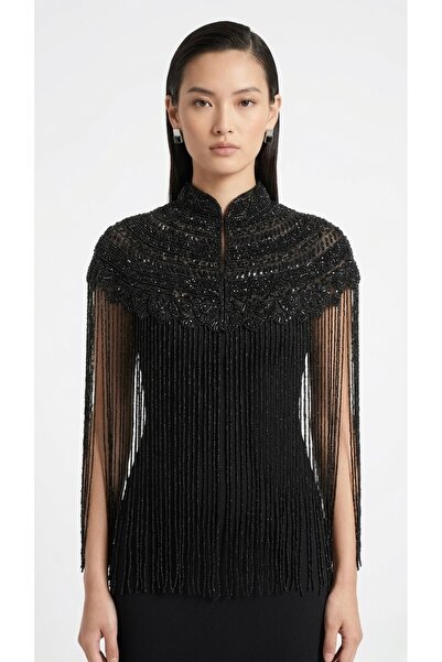 Rabiossa Kadın Özel Tasarım Kristal Görünümlü Püsküllü Pelerin