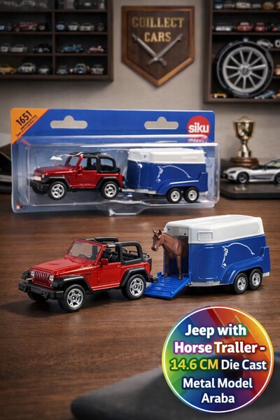 TOYFEST Siku 1651 Jeep Wrangler 4x4 At Taşıma Römorklu Metal Oyuncak Araba At...