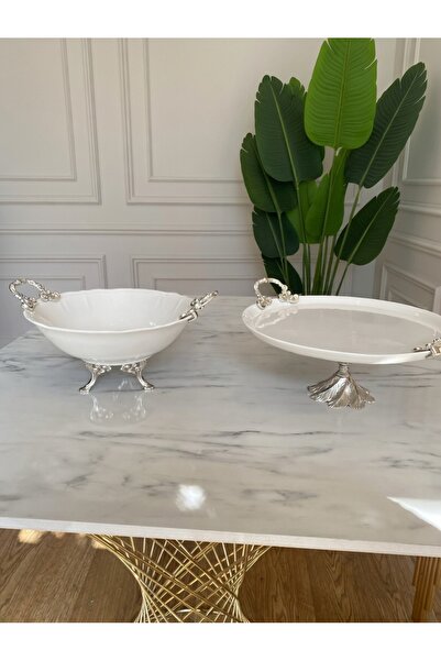 Sillage Home 2'li Lüks Sunum Seti - Ayaklı Porselen Servis Tabağı (26 cm) & A...