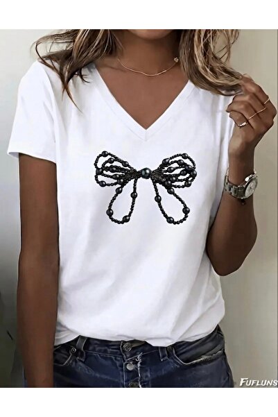 FUFLUNS Γυναικείο μπλουζάκι με λαιμόκοψη σε σχήμα V με στάμπα με κορδέλα με π...