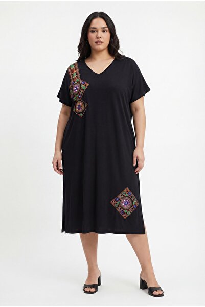 Ebsumu Women's Plus Size Extra Comfortable Embroidered Knitted Black Dress