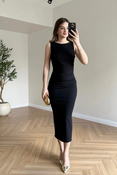 MOZENA Boat Neck Draped Detail Slit Back Midi Crepe Dress